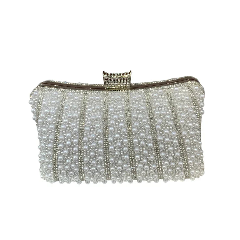 White Pearl Clutch Bag With Silver Frame And Diamante