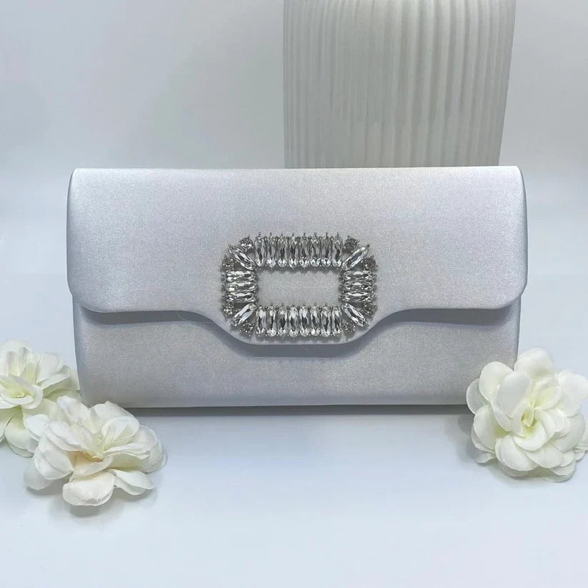 Silver Satin Clutch with Crystal Buckle