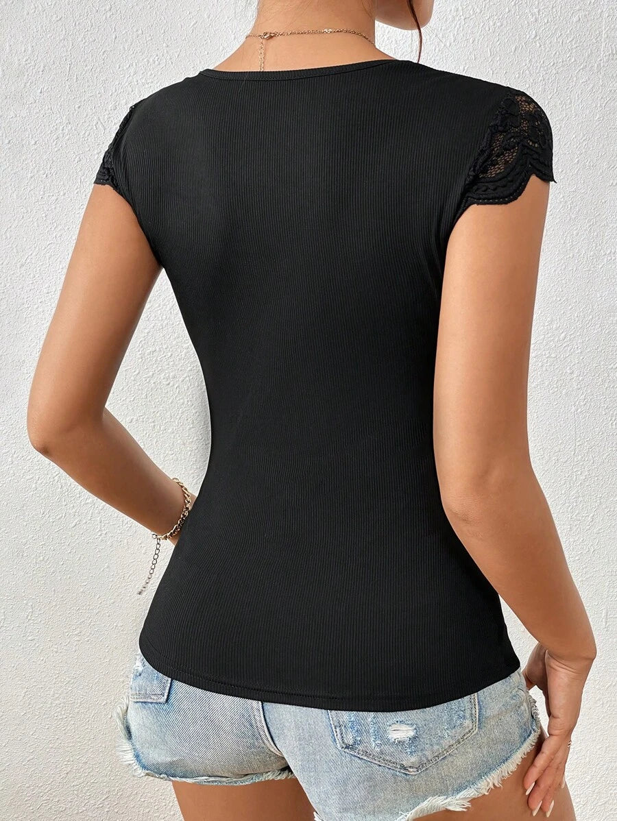Women's Lace Patchwork Sheer Fabric Casual Black Summer T-Shirt