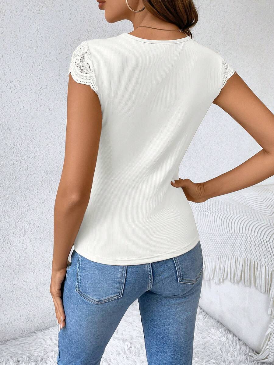 Women's Lace Patchwork Sheer Fabric Casual Black Summer T-Shirt