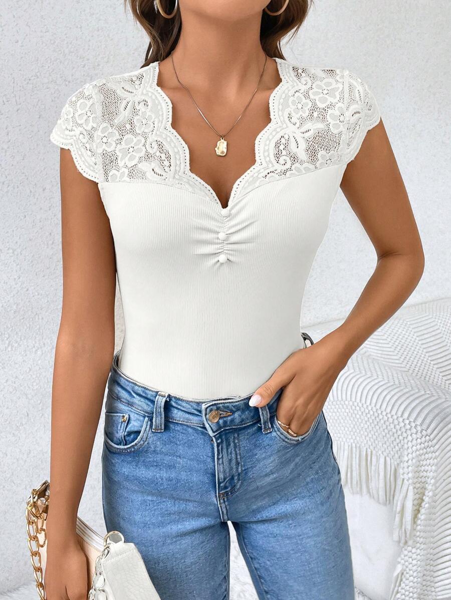 Women's Lace Patchwork Sheer Fabric Casual Black Summer T-Shirt