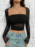 SHEIN EZwear Women's Slim Fit Black Mesh T-Shirt