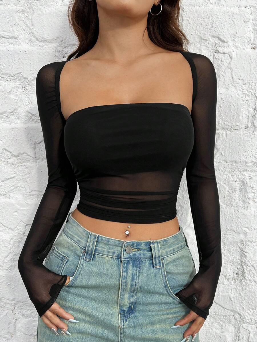 SHEIN EZwear Women's Slim Fit Black Mesh T-Shirt