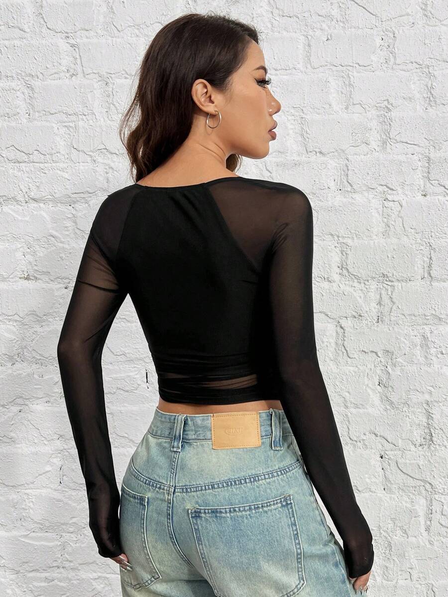 SHEIN EZwear Women's Slim Fit Black Mesh T-Shirt
