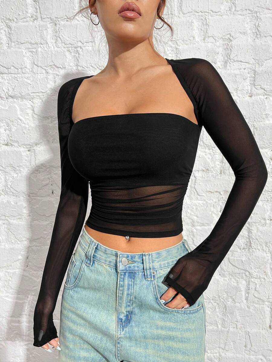 SHEIN EZwear Women's Slim Fit Black Mesh T-Shirt