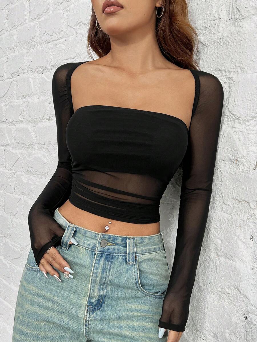 SHEIN EZwear Women's Slim Fit Black Mesh T-Shirt