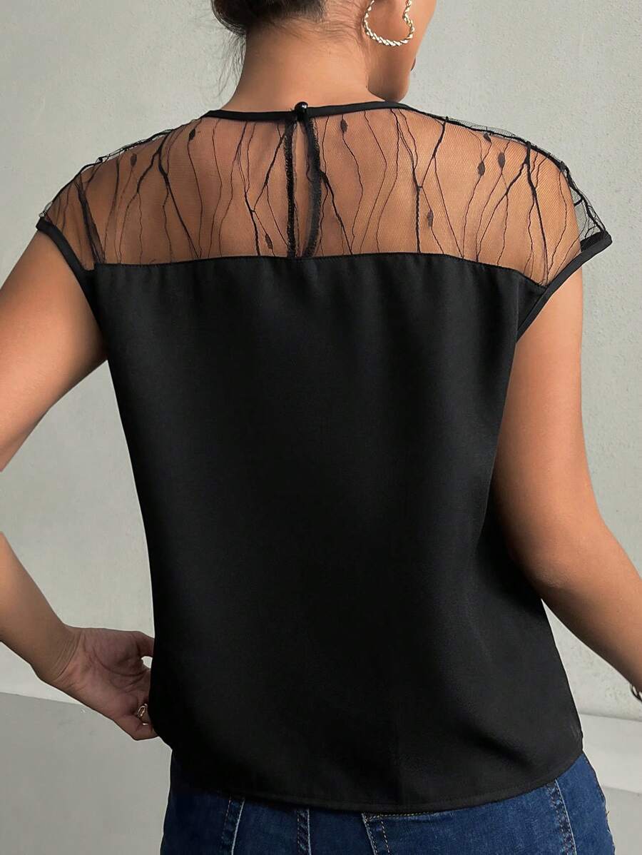 Women's Elegant Black Summer Top, Lace Splicing Mesh Paneled Sheer, Keyhole Back, Black
