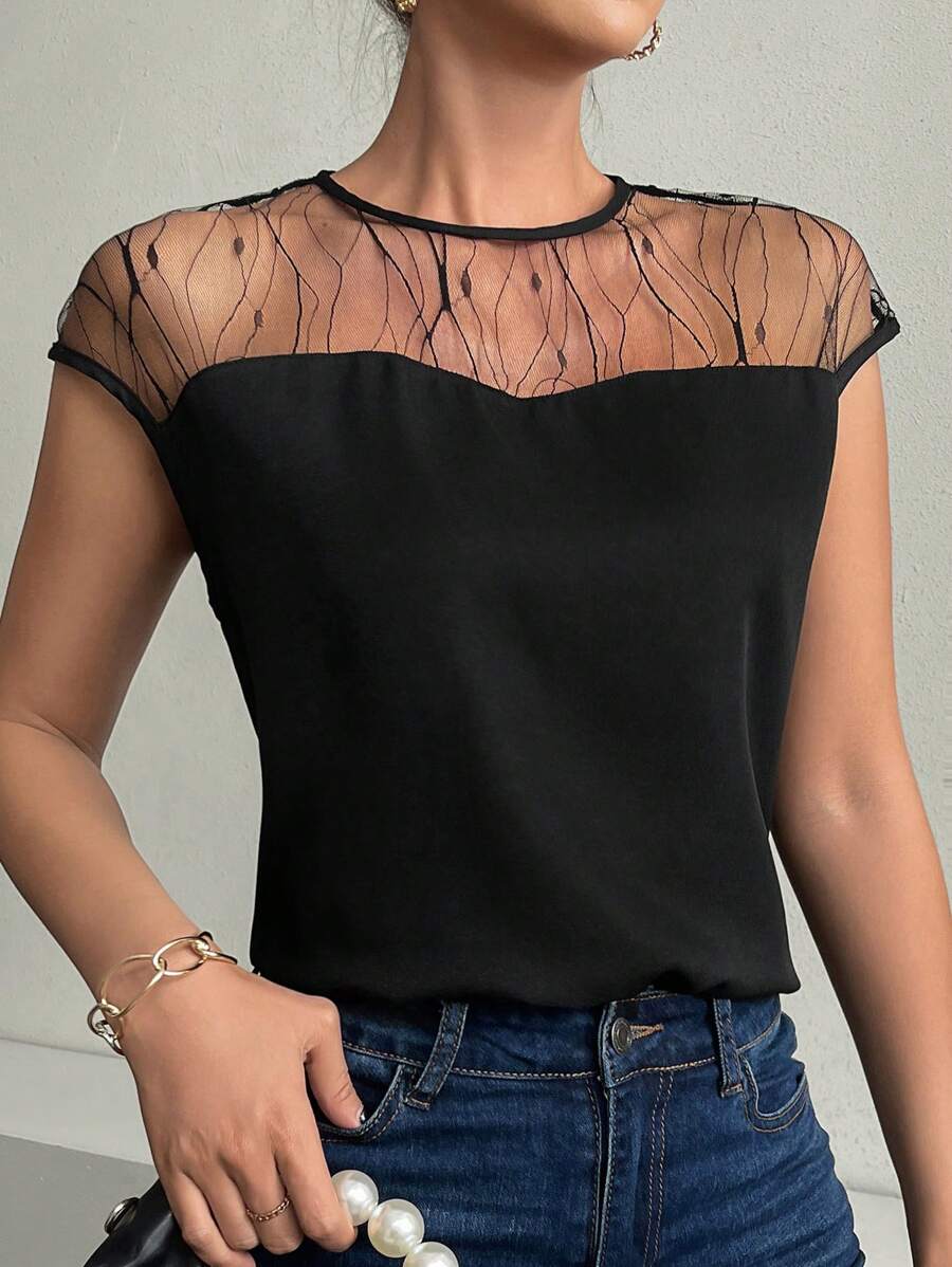 Women's Elegant Black Summer Top, Lace Splicing Mesh Paneled Sheer, Keyhole Back, Black