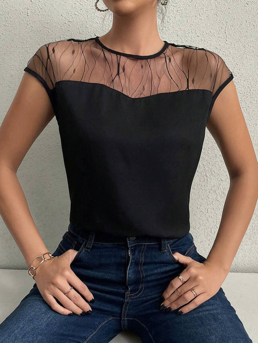 Women's Elegant Black Summer Top, Lace Splicing Mesh Paneled Sheer, Keyhole Back, Black