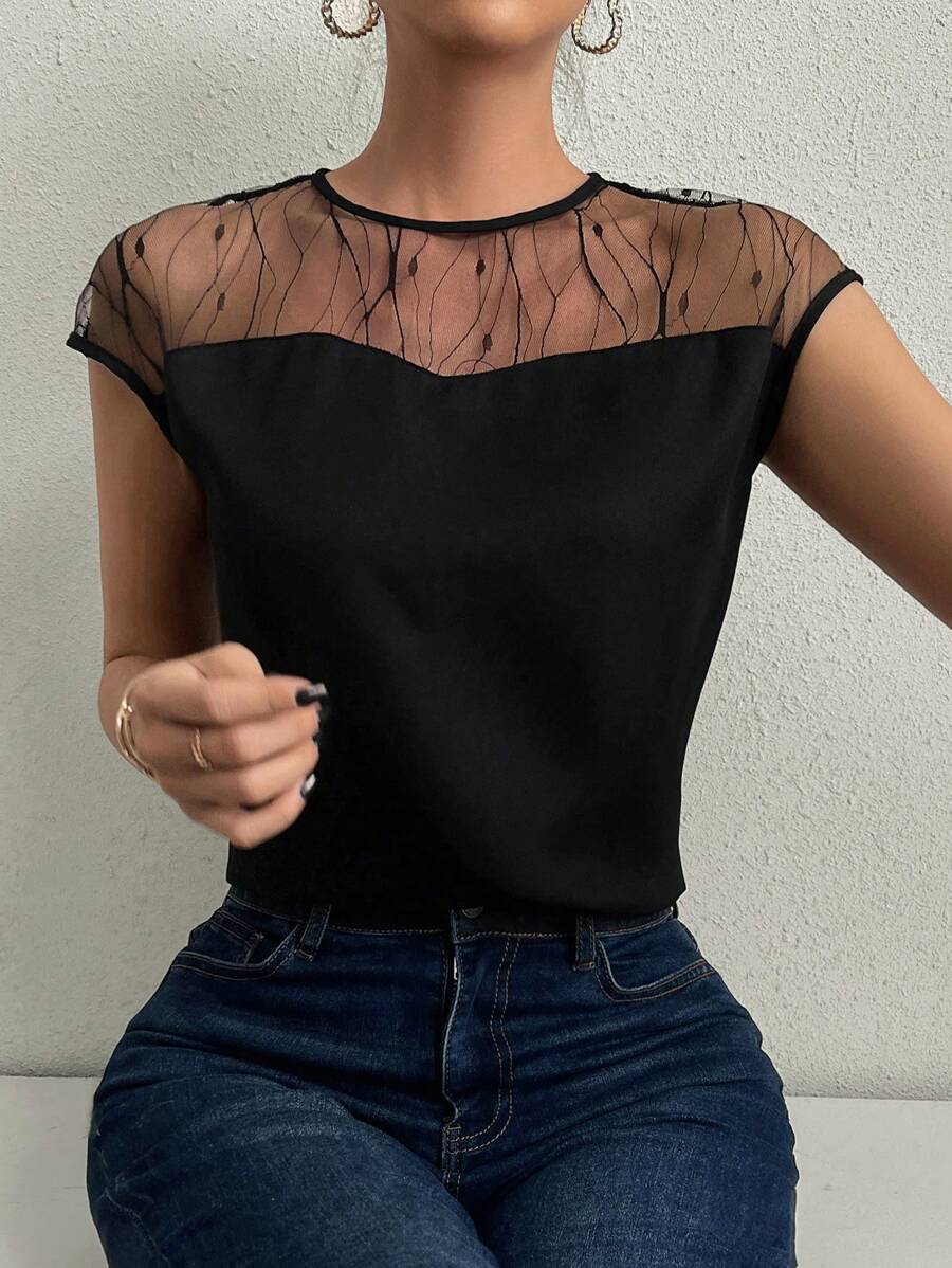 Women's Elegant Black Summer Top, Lace Splicing Mesh Paneled Sheer, Keyhole Back, Black