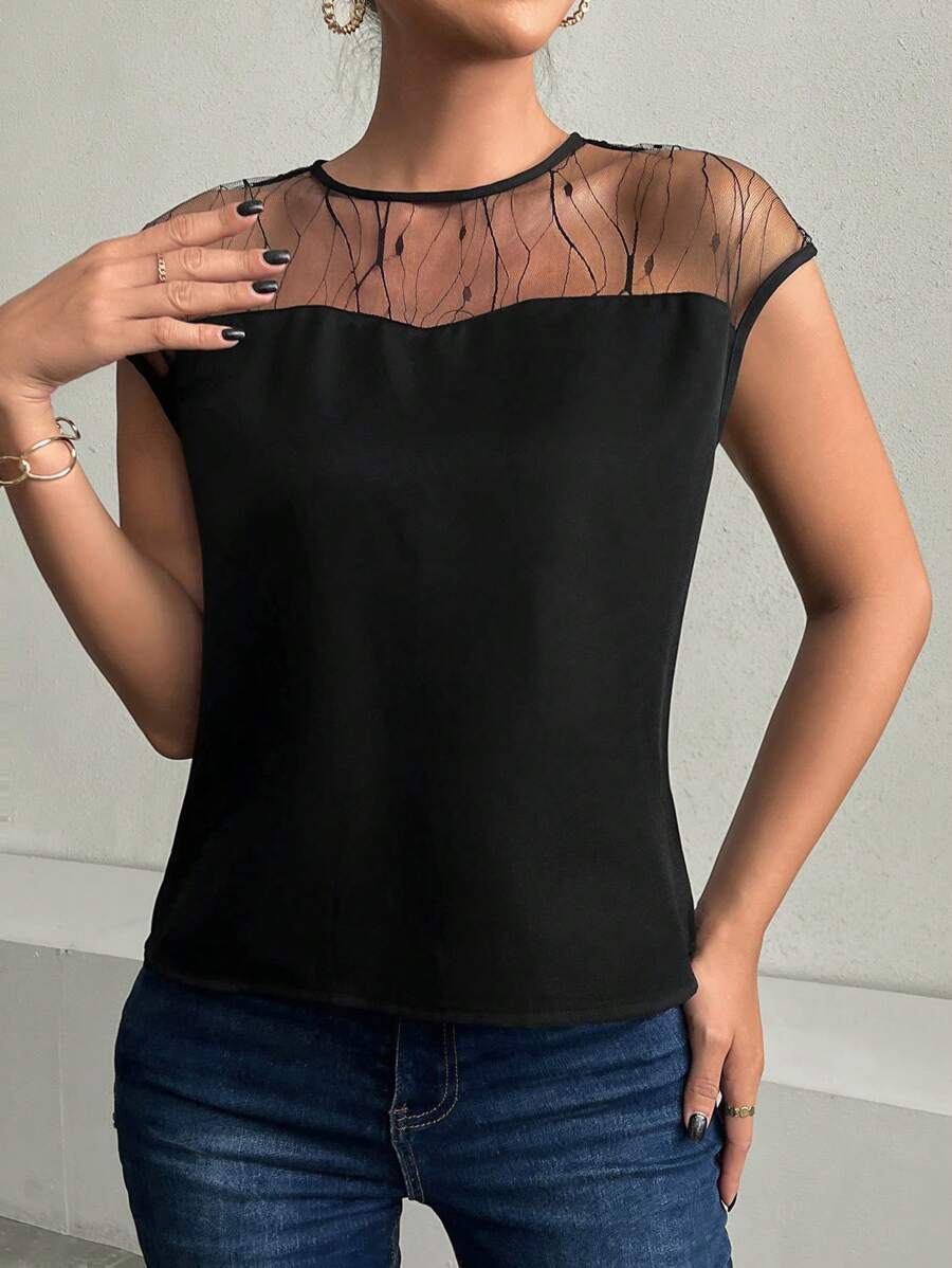 Women's Elegant Black Summer Top, Lace Splicing Mesh Paneled Sheer, Keyhole Back, Black