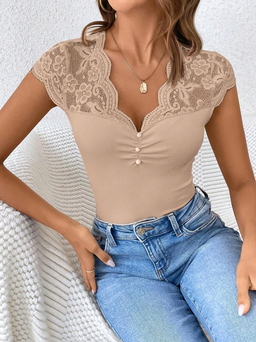 Women's Lace Patchwork Sheer Fabric Casual Black Summer T-Shirt