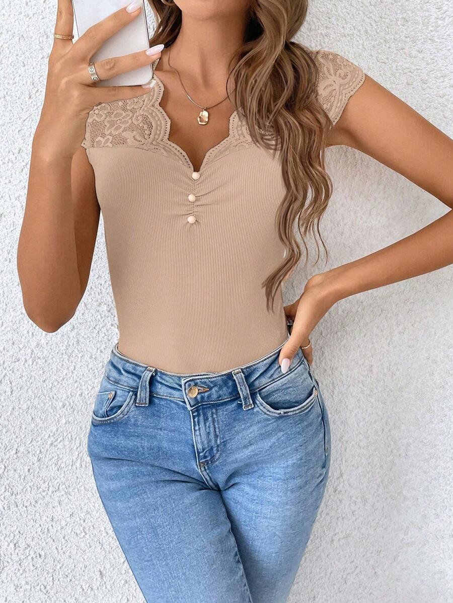 Women's Lace Patchwork Sheer Fabric Casual Black Summer T-Shirt
