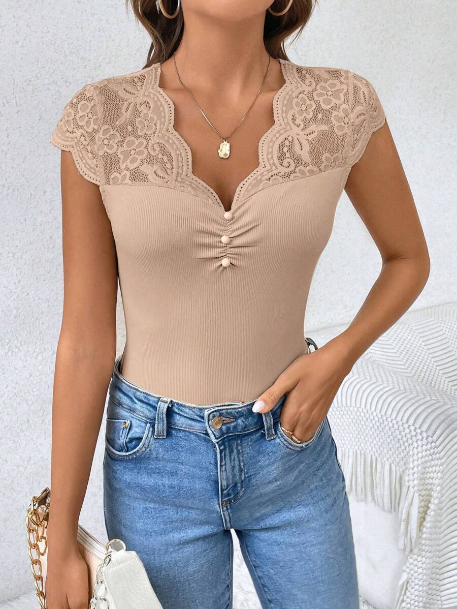 Women's Lace Patchwork Sheer Fabric Casual Black Summer T-Shirt