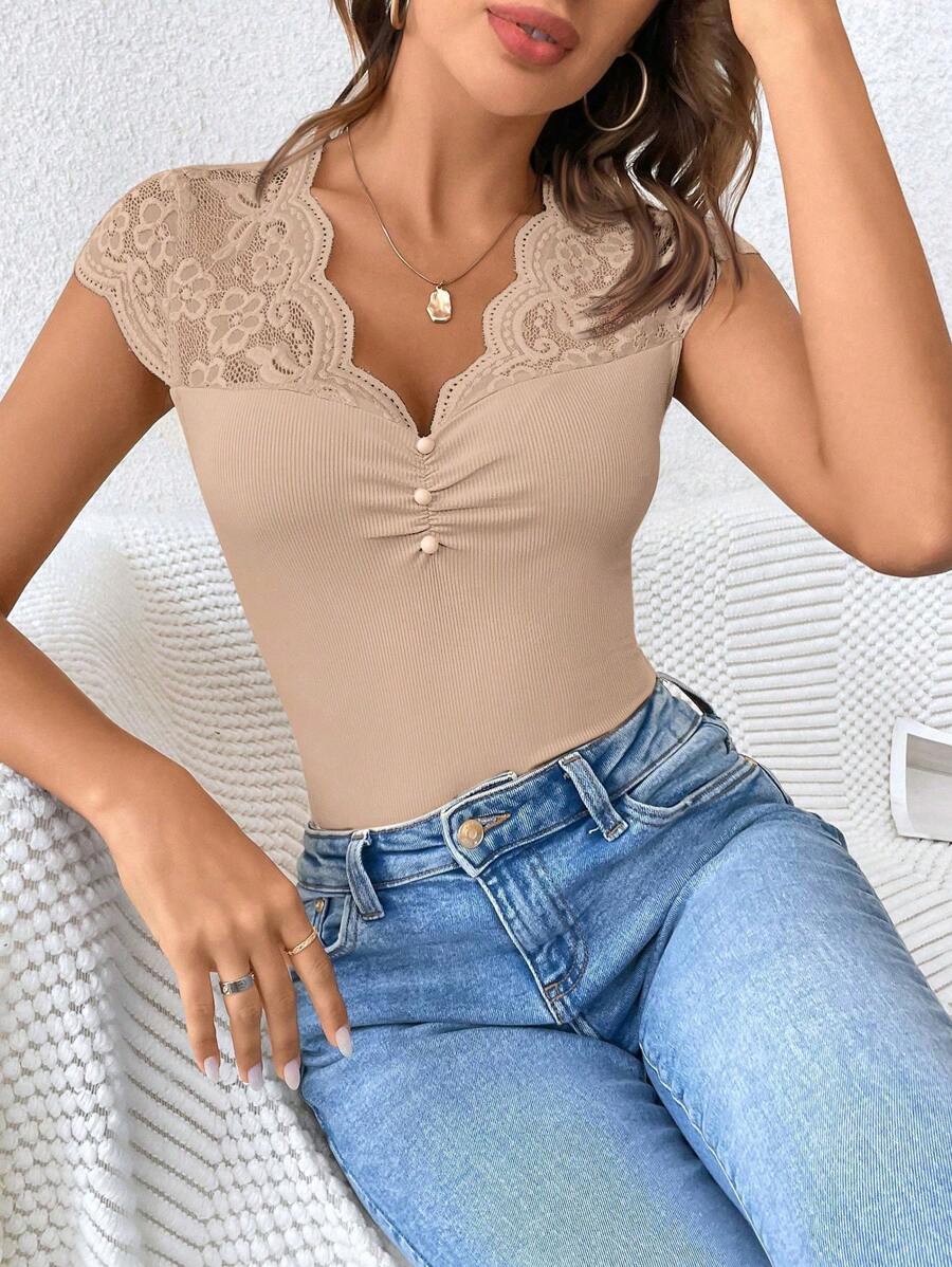Women's Lace Patchwork Sheer Fabric Casual Black Summer T-Shirt