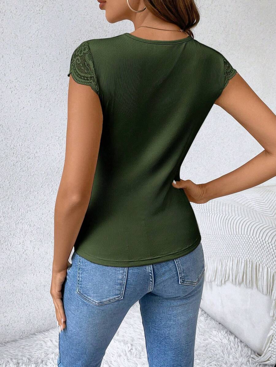 Women's Lace Patchwork Sheer Fabric Casual Black Summer T-Shirt