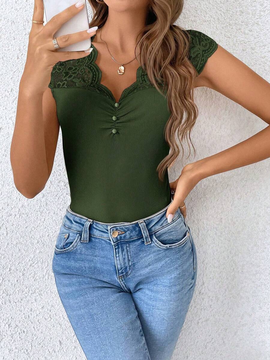 Women's Lace Patchwork Sheer Fabric Casual Black Summer T-Shirt