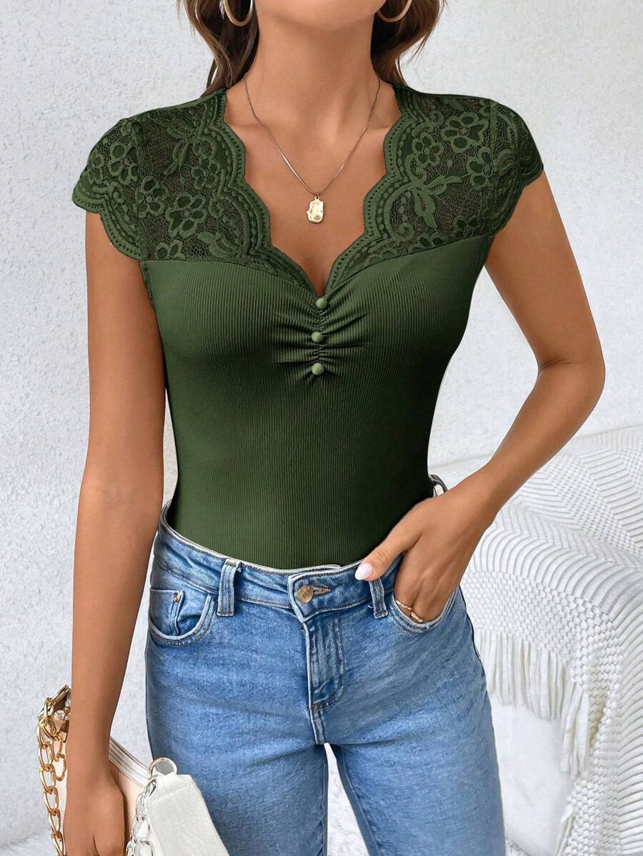 Women's Lace Patchwork Sheer Fabric Casual Black Summer T-Shirt