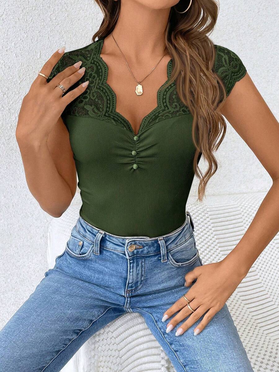 Women's Lace Patchwork Sheer Fabric Casual Black Summer T-Shirt