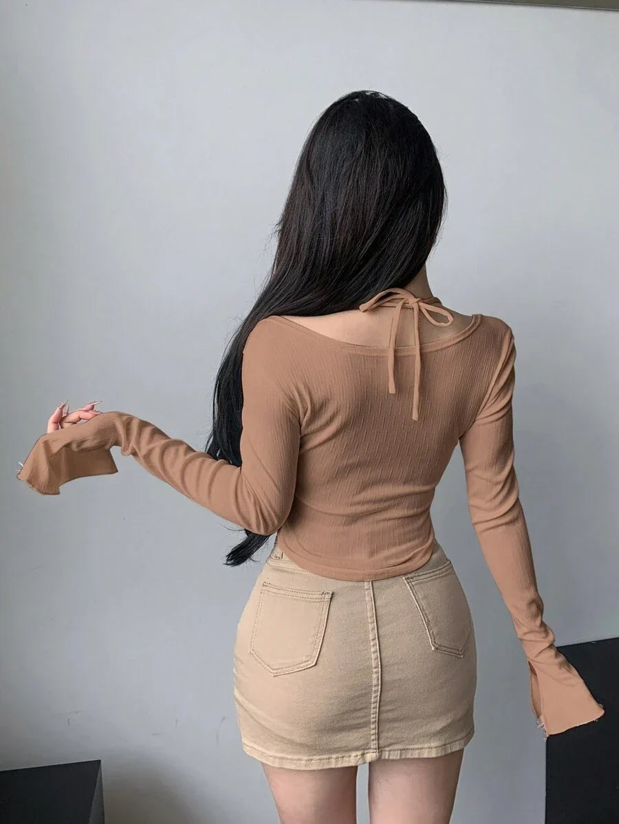 DAZY Women Chic Brown Floral Mesh Long Sleeve Crop Top