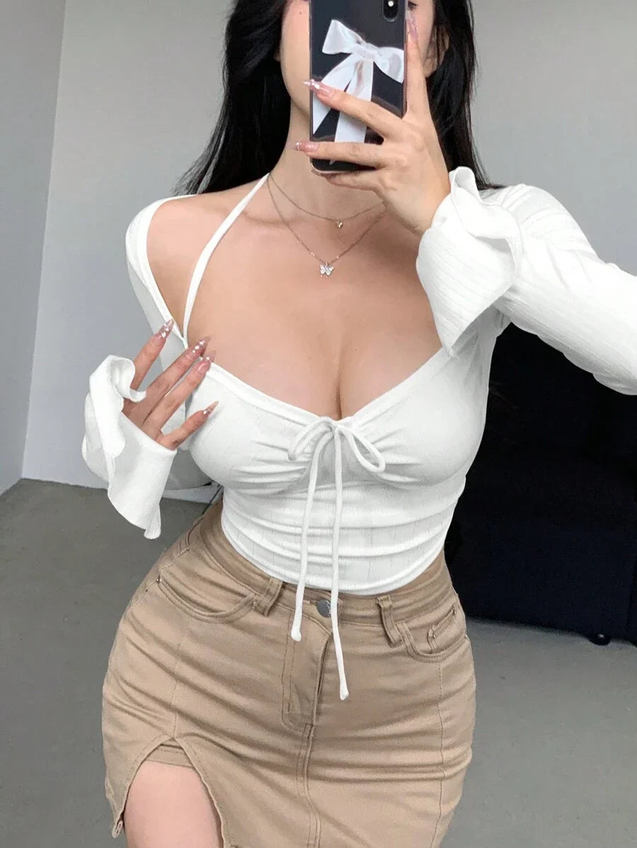 DAZY Women Chic Brown Floral Mesh Long Sleeve Crop Top