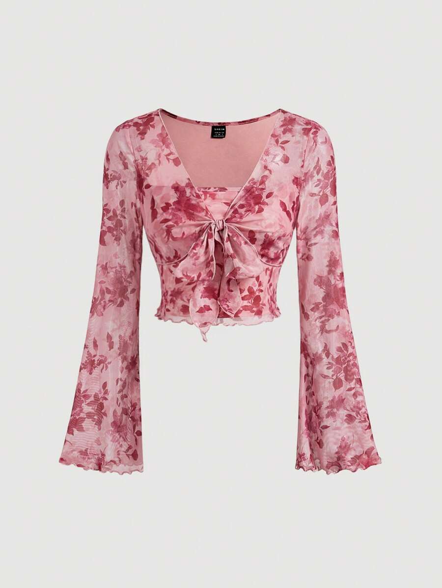 Break Bow 2 In 1 Women's Tie Front Bell Sleeve T-Shirt