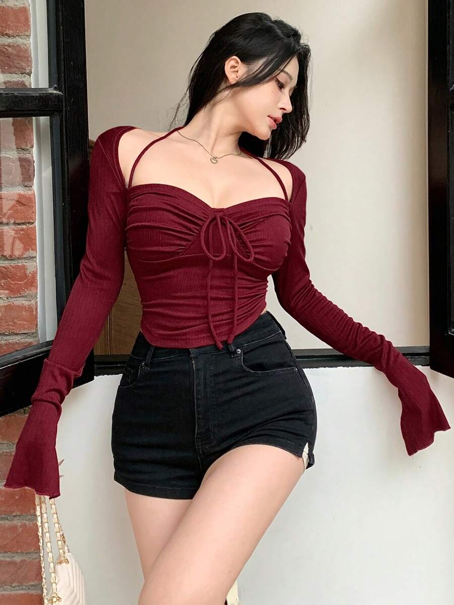 DAZY Women Chic Brown Floral Mesh Long Sleeve Crop Top