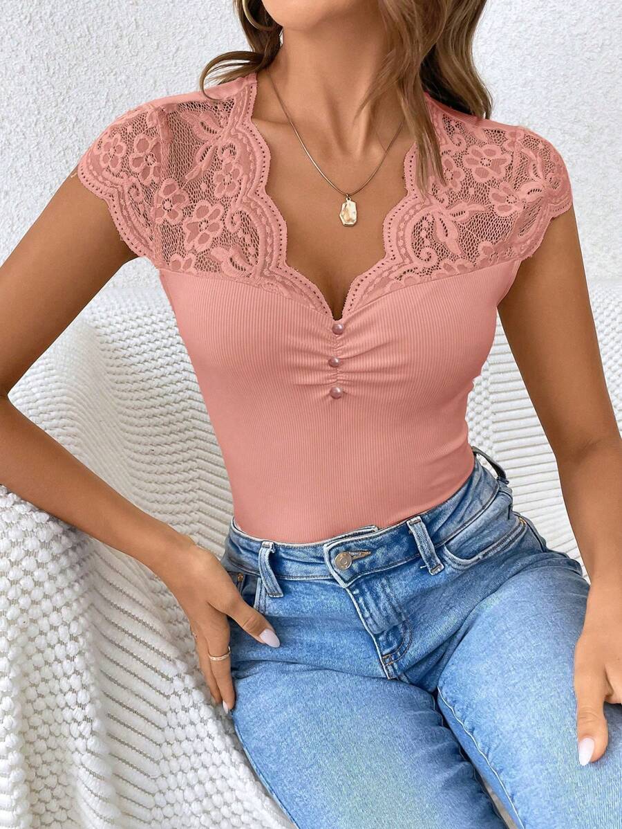 Women's Lace Patchwork Sheer Fabric Casual Black Summer T-Shirt