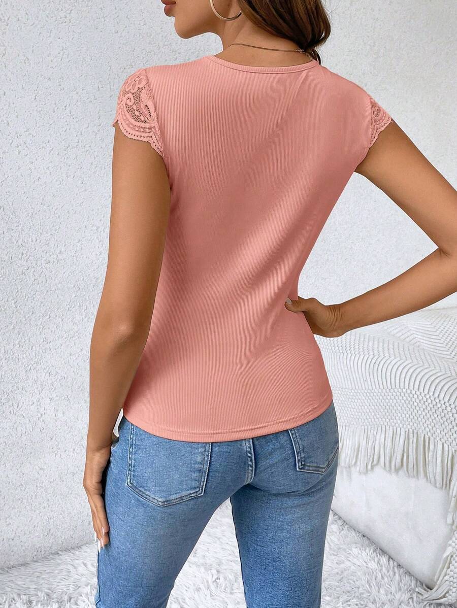 Women's Lace Patchwork Sheer Fabric Casual Black Summer T-Shirt