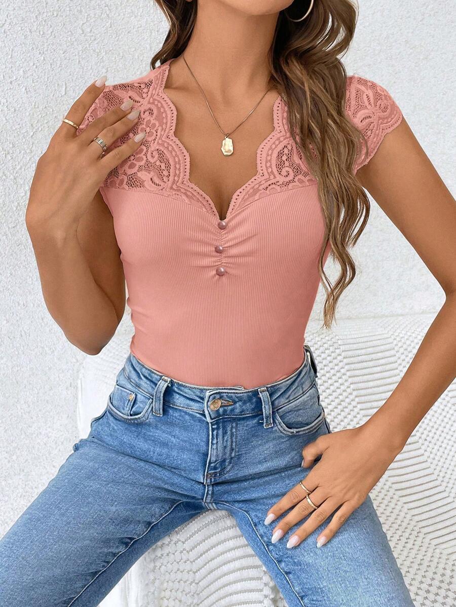 Women's Lace Patchwork Sheer Fabric Casual Black Summer T-Shirt