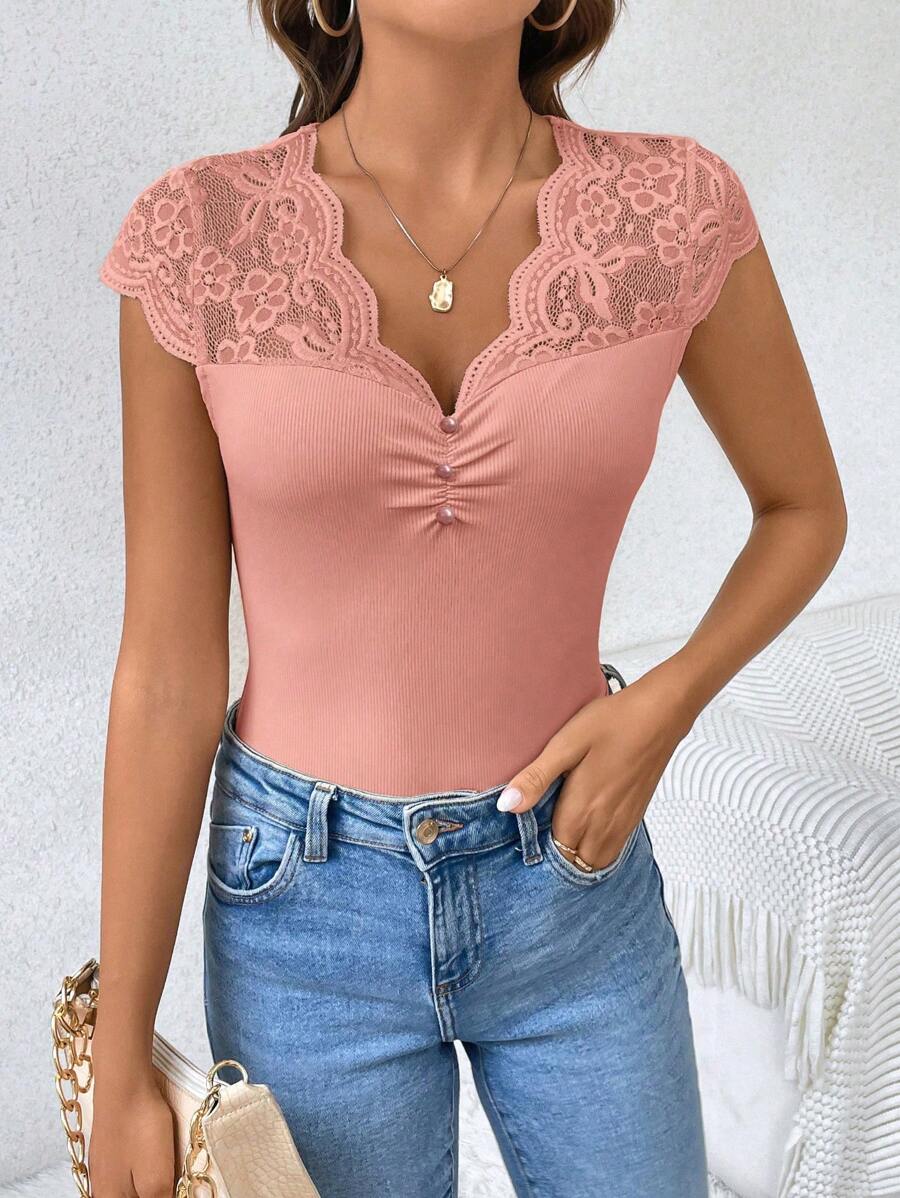 Women's Lace Patchwork Sheer Fabric Casual Black Summer T-Shirt
