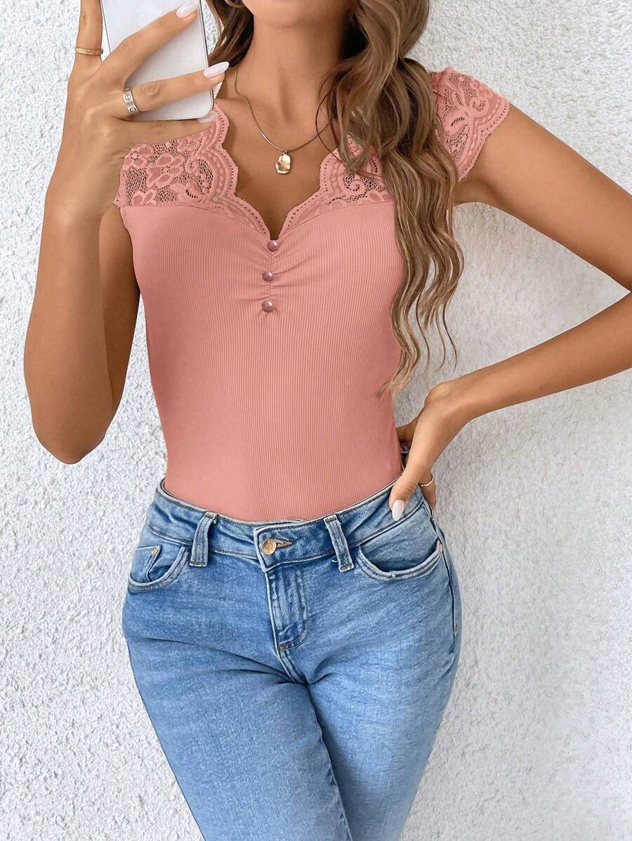 Women's Lace Patchwork Sheer Fabric Casual Black Summer T-Shirt
