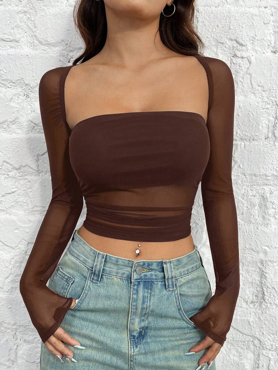 SHEIN EZwear Women's Slim Fit Black Mesh T-Shirt