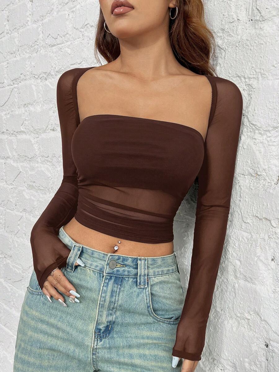 SHEIN EZwear Women's Slim Fit Black Mesh T-Shirt