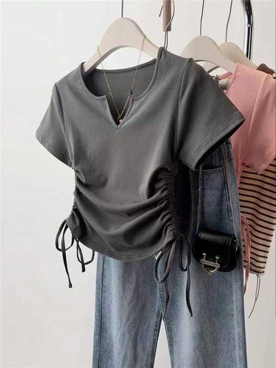 Women's Solid Color Pleated Casual Versatile Daily Wear Short Sleeve T-Shirt
