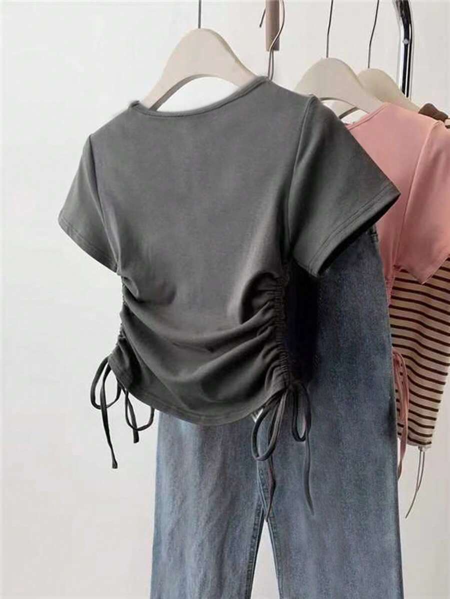 Women's Solid Color Pleated Casual Versatile Daily Wear Short Sleeve T-Shirt