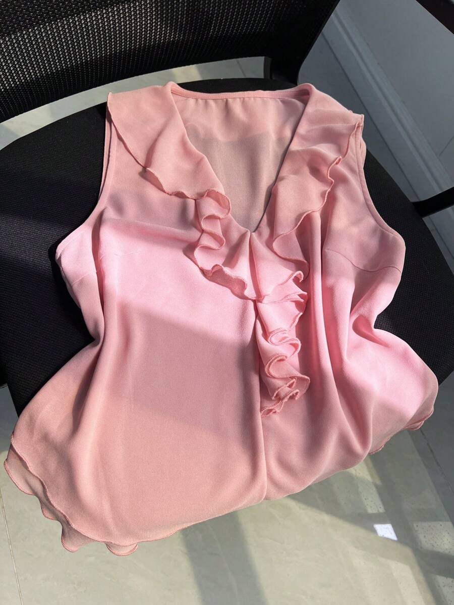 Sleeveless V-Neck Ruffle Blouse For Women