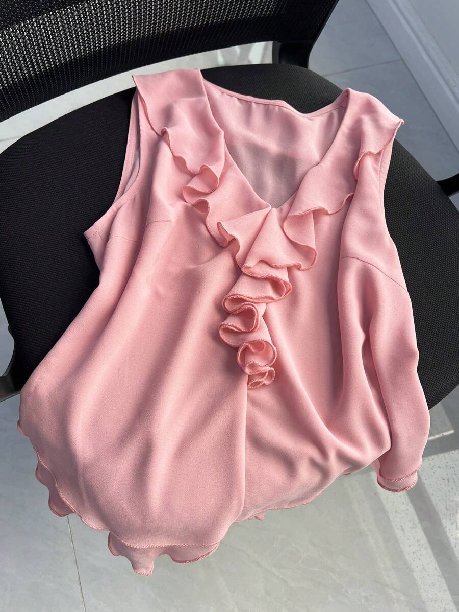 Sleeveless V-Neck Ruffle Blouse For Women