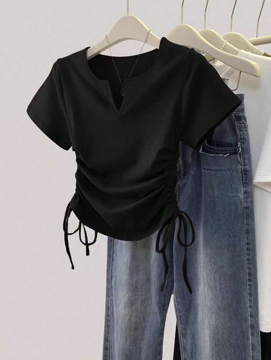 Women's Solid Color Pleated Casual Versatile Daily Wear Short Sleeve T-Shirt