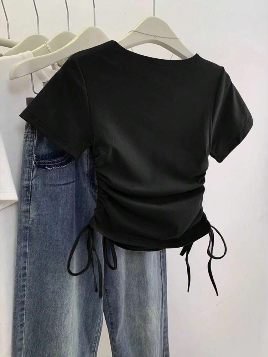 Women's Solid Color Pleated Casual Versatile Daily Wear Short Sleeve T-Shirt