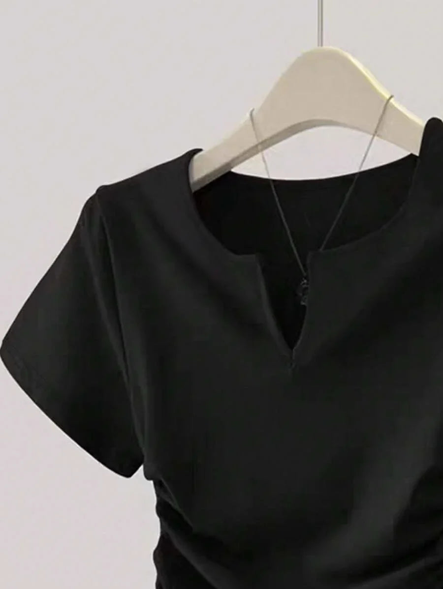 Women's Solid Color Pleated Casual Versatile Daily Wear Short Sleeve T-Shirt