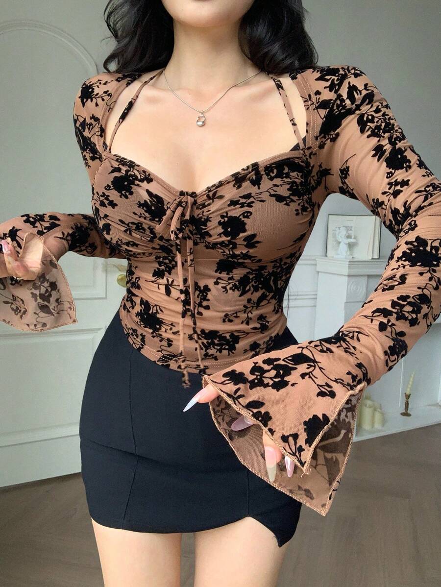 DAZY Women Chic Brown Floral Mesh Long Sleeve Crop Top