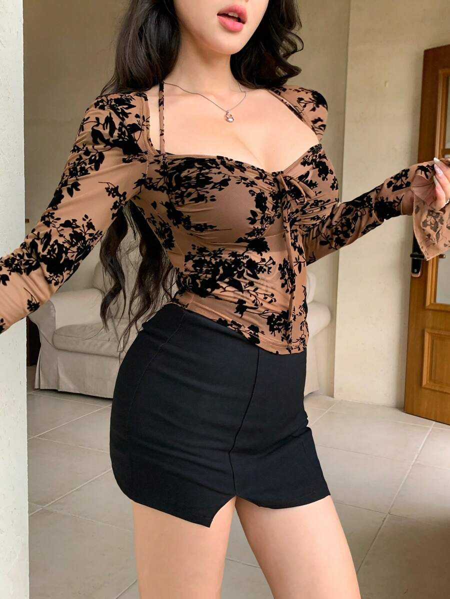 DAZY Women Chic Brown Floral Mesh Long Sleeve Crop Top