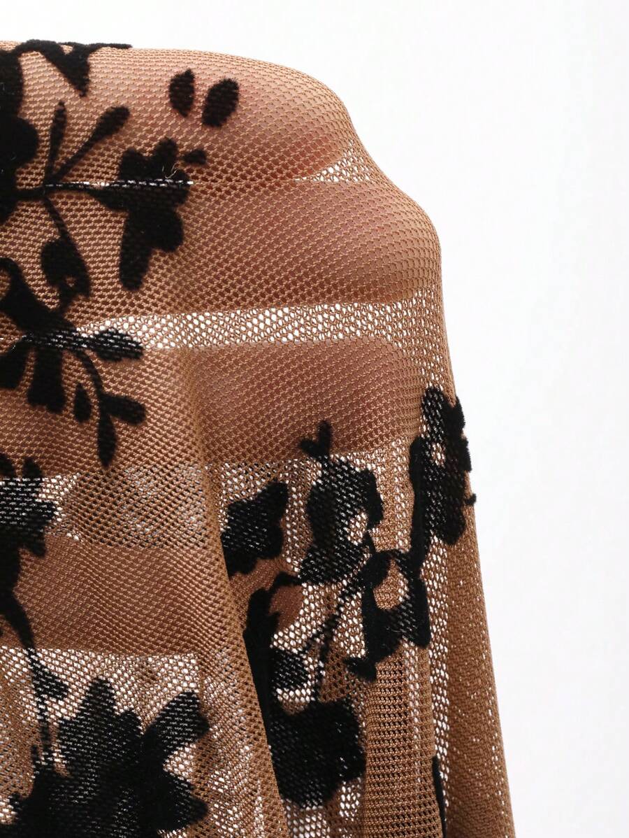 DAZY Women Chic Brown Floral Mesh Long Sleeve Crop Top