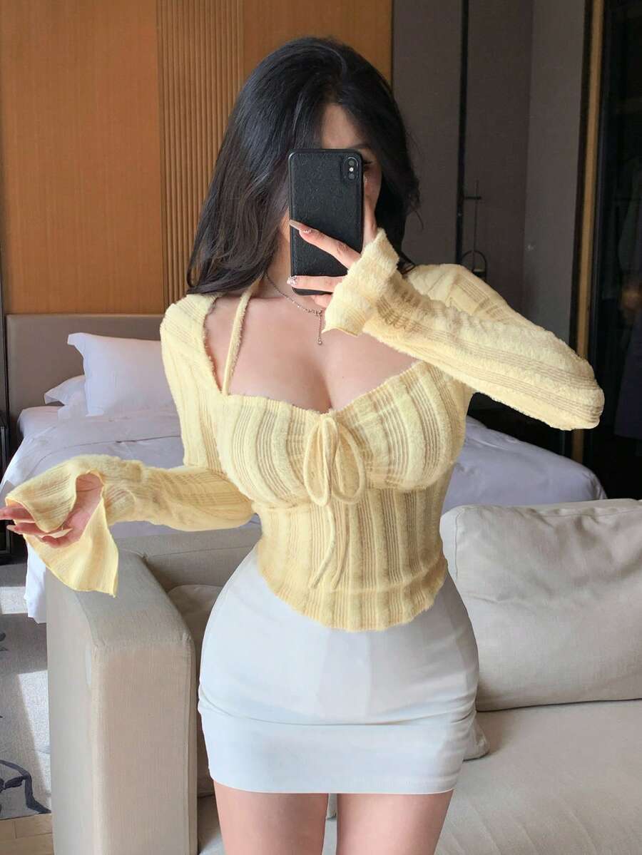 DAZY Women Chic Brown Floral Mesh Long Sleeve Crop Top