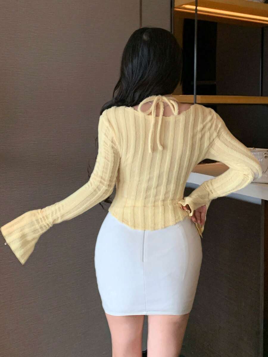 DAZY Women Chic Brown Floral Mesh Long Sleeve Crop Top
