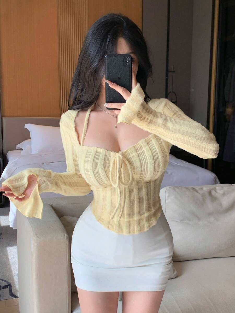 DAZY Women Chic Brown Floral Mesh Long Sleeve Crop Top