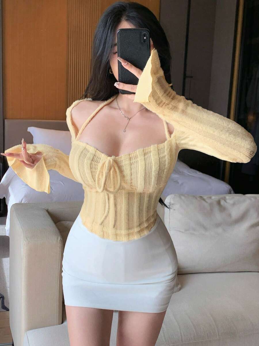 DAZY Women Chic Brown Floral Mesh Long Sleeve Crop Top