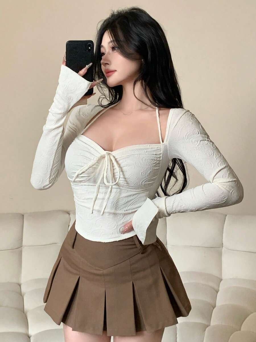 DAZY Women Chic Brown Floral Mesh Long Sleeve Crop Top