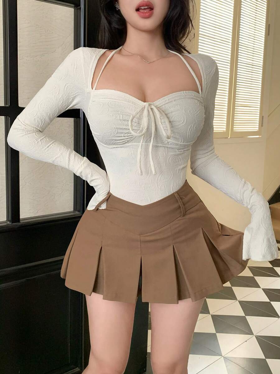DAZY Women Chic Brown Floral Mesh Long Sleeve Crop Top